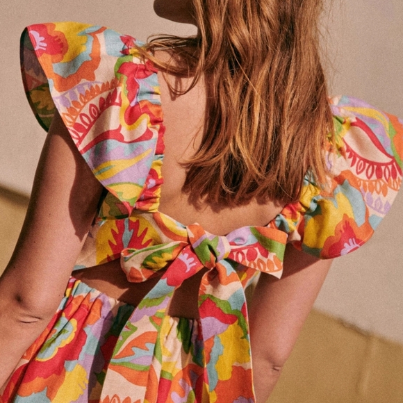 Sezane Melville Heavy Linen Midi Dress w/ Cute Bow Tie Back - Picture 2 of 14